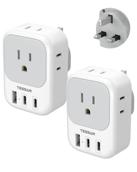 TESSAN Type G US-to-UK adapter front view with 4 outlets for travel usability.