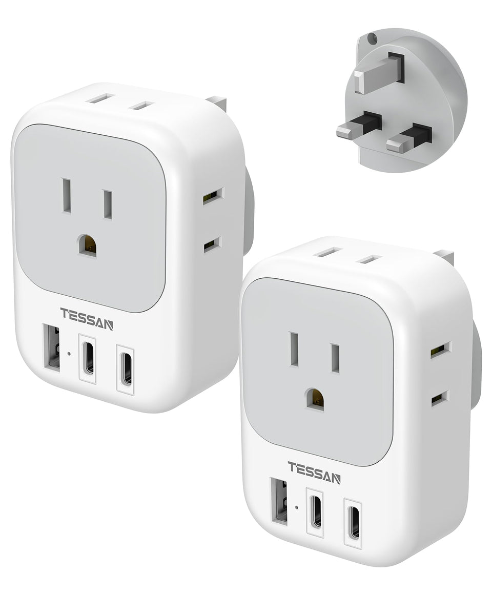 TESSAN Type G US-to-UK adapter front view with 4 outlets for travel usability.