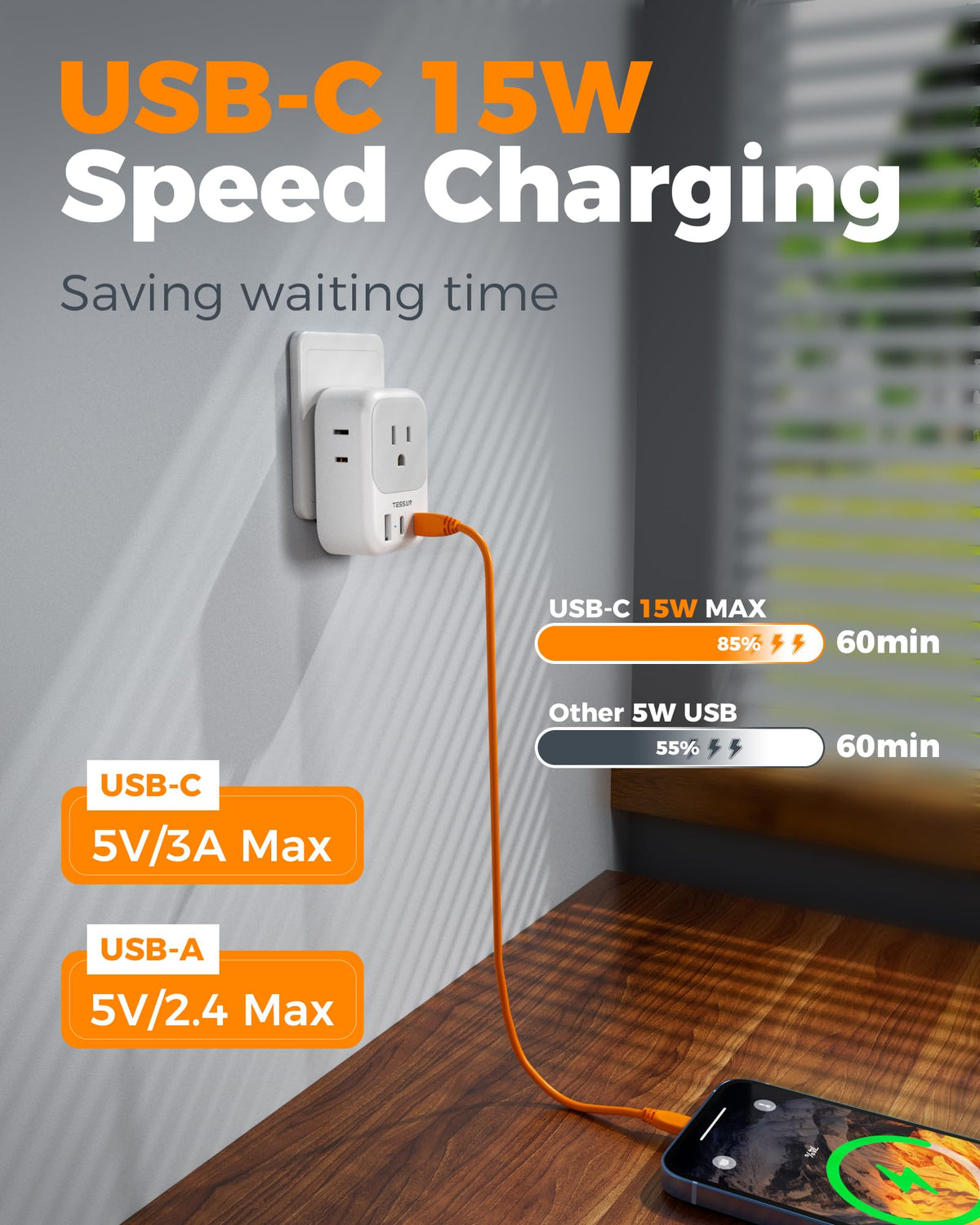 TESSAN USB-C and USB-A ports enable fast charging for phones and earbuds.