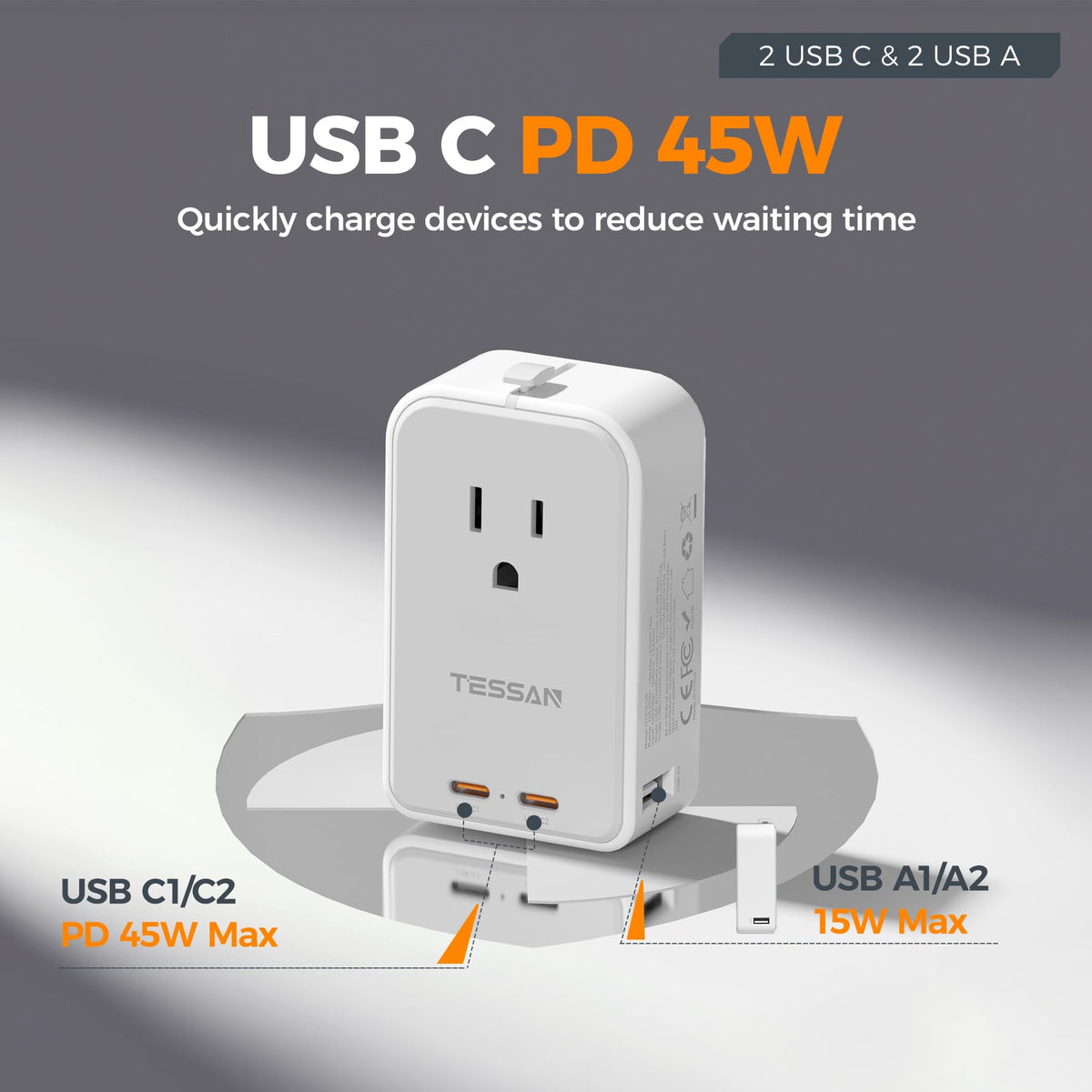 TESSAN USB-C and USB-A ports show versatile charging options for phones, tablets, and laptops.