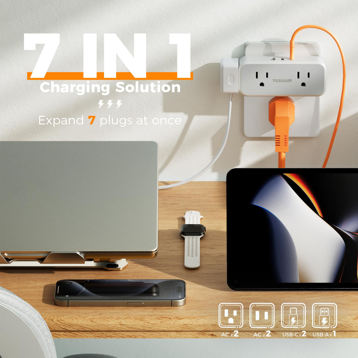 TESSAN USB-C fast charge ports deliver quick power to phones and tablets.