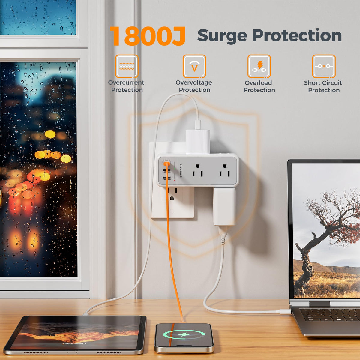 TESSAN USB-C port provides 15W fast charging for phones and tablets.