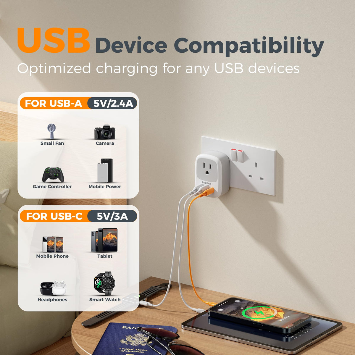 TESSAN USB-C port enables fast charging for phones and tablets.