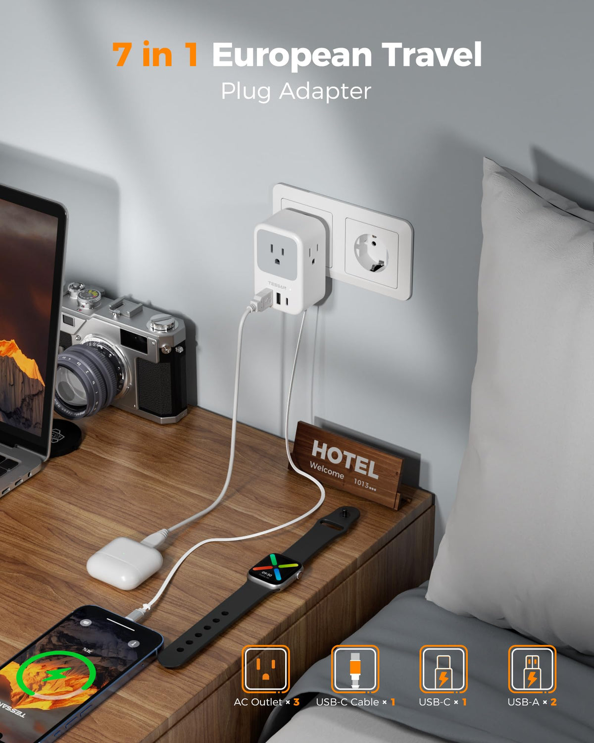 TESSAN 3 AC outlets and 4 USB ports for simultaneous charging.
