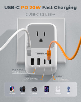 TESSAN USB-C PD 20W port powers smartphones fast during travel.