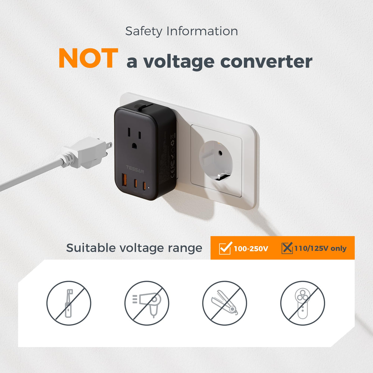 TESSAN note indicating not a voltage converter; verify device voltage.