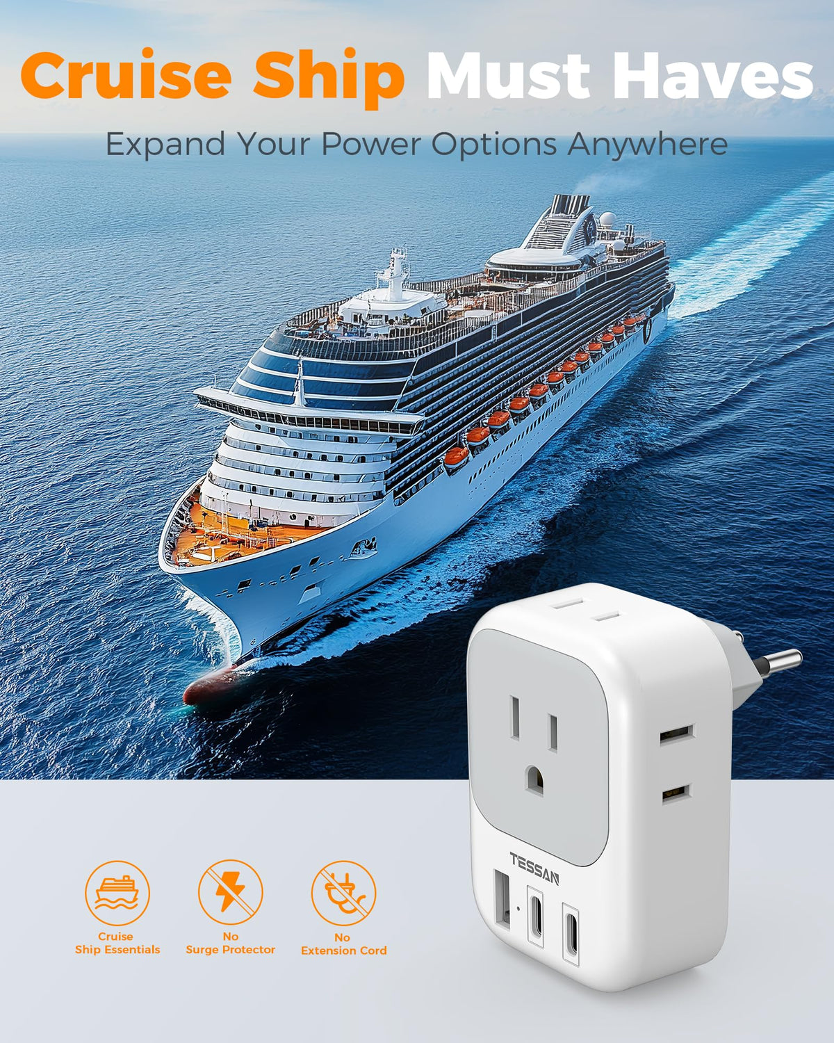 TESSAN voltage note helps travelers verify device compatibility with 100–250V range.