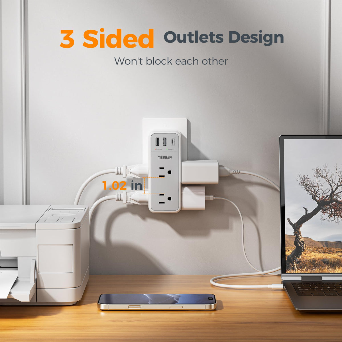 TESSAN outlets spaced 1.02 inches apart to fit large plugs.