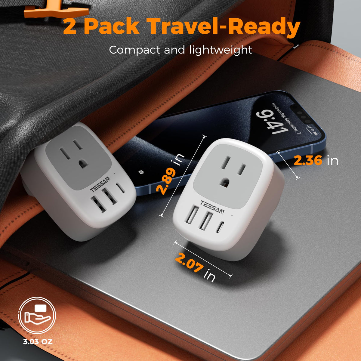 TESSAN travel adapter note highlights 100-250V compatibility for global use