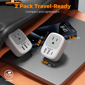 TESSAN travel adapter note highlights 100-250V compatibility for global use