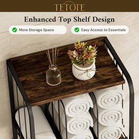 Four tiers of storage on the TETOTE towel rack for towels and products