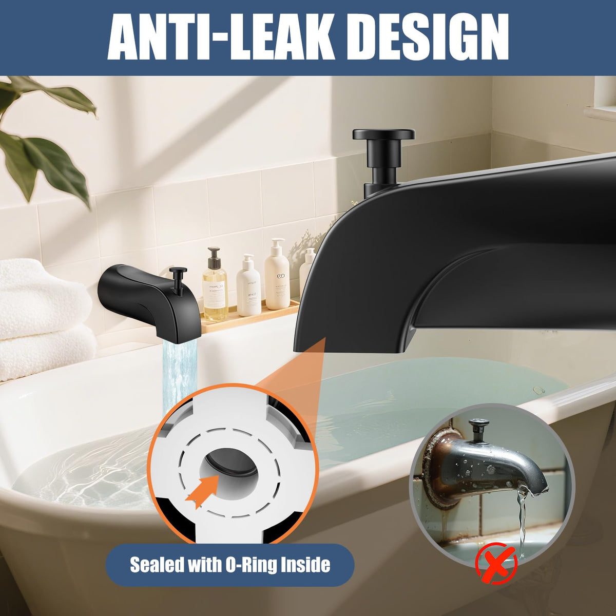 TEVIORA tub spout with brushed metal finish enhances durability and style.