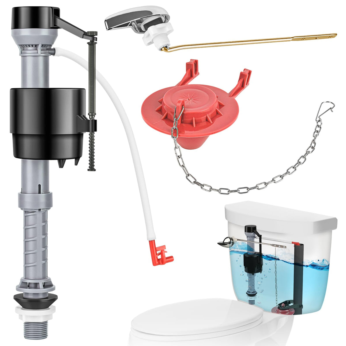 TEVIORA universal toilet flusher kit with adjustable fill valve for quieter refills.