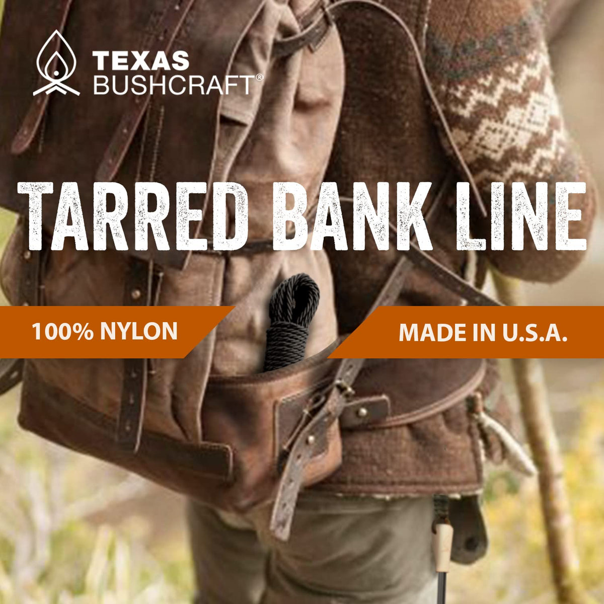 Texas Bushcraft tarred bank line twine; 350-lb breaking strength supports heavy load tasks.
