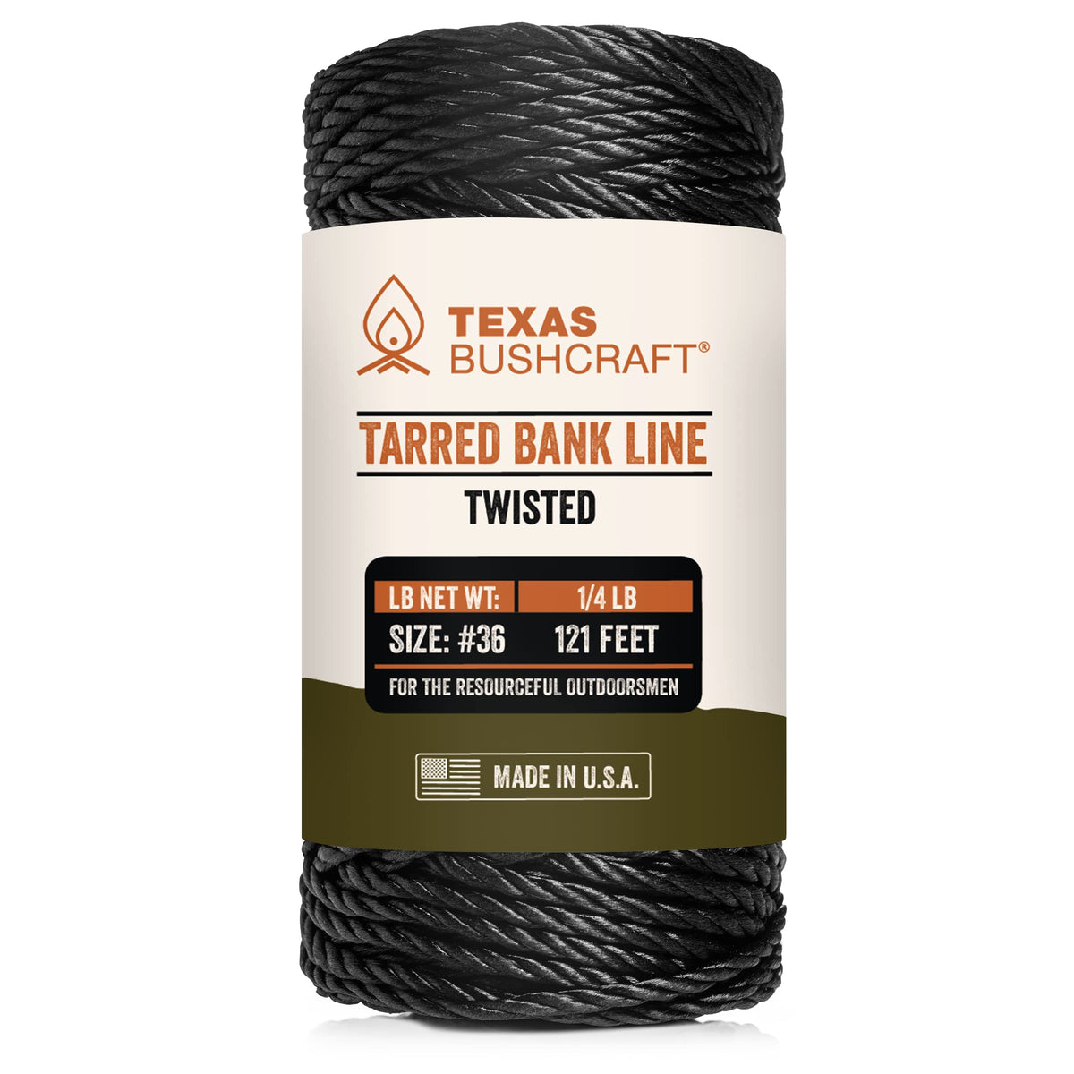 Texas Bushcraft tarred bank line twine coil; strong twisted nylon for fishing and shelter setup.