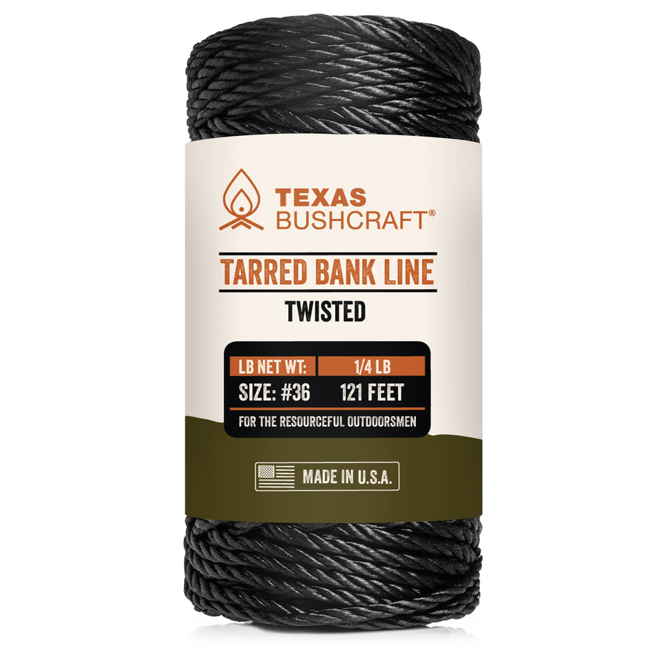 Texas Bushcraft tarred bank line twine coil; strong twisted nylon for fishing and shelter setup.