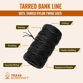 Texas Bushcraft tarred bank line twine; abrasion resistant coating protects against wear.