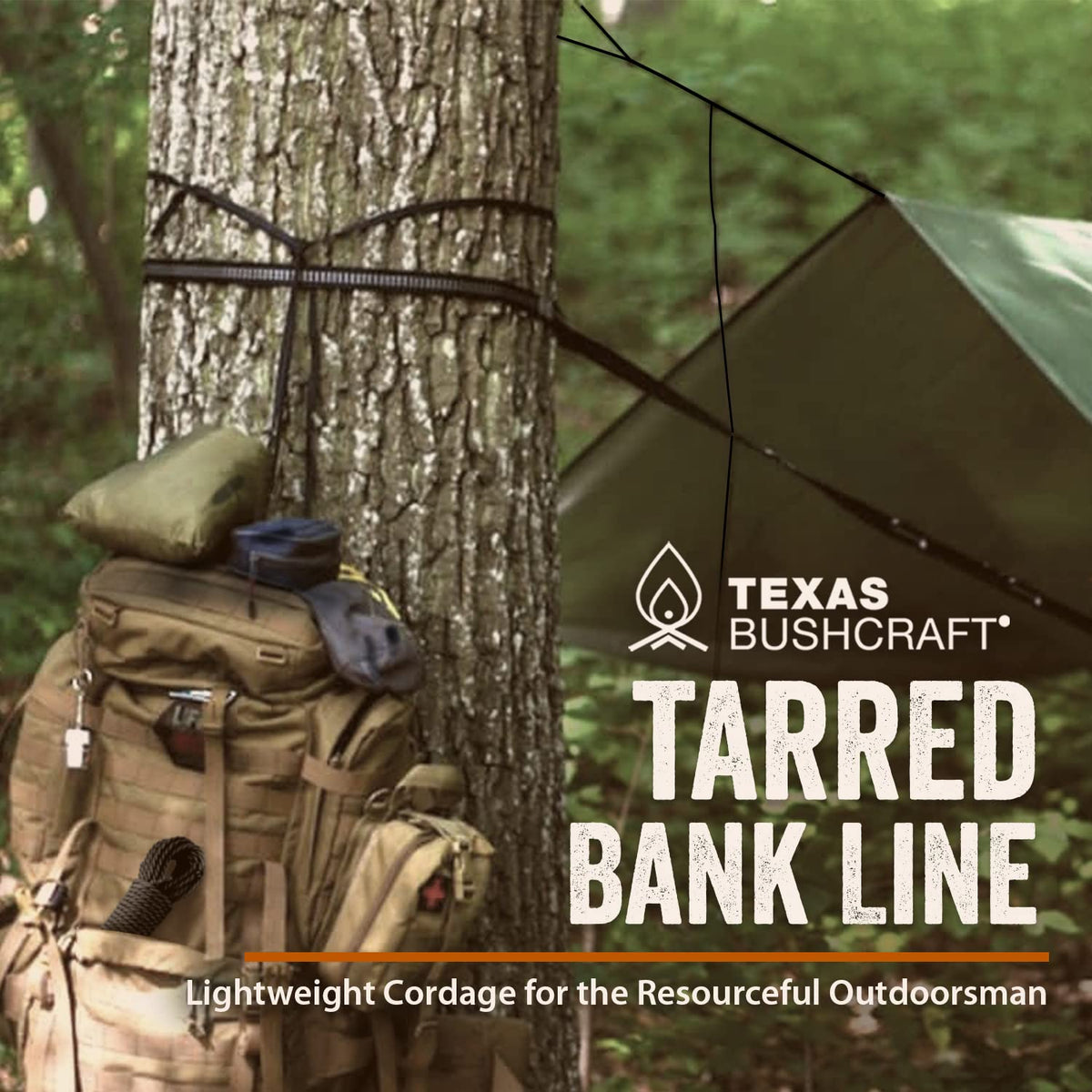 Texas Bushcraft tarred bank line twine roll; compact cordage for trotlines and quick repairs.