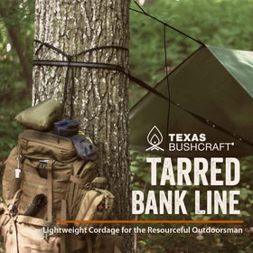 Texas Bushcraft tarred bank line twine roll; compact cordage for trotlines and quick repairs.