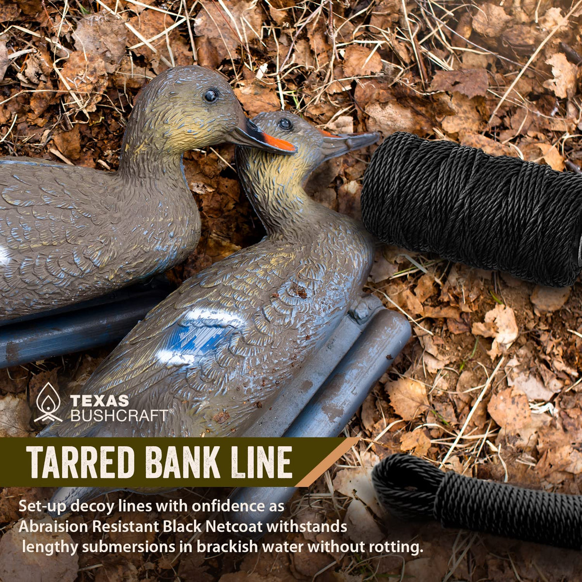 Texas Bushcraft tarred bank line twine; highly versatile for knotting nets and hanging loops.