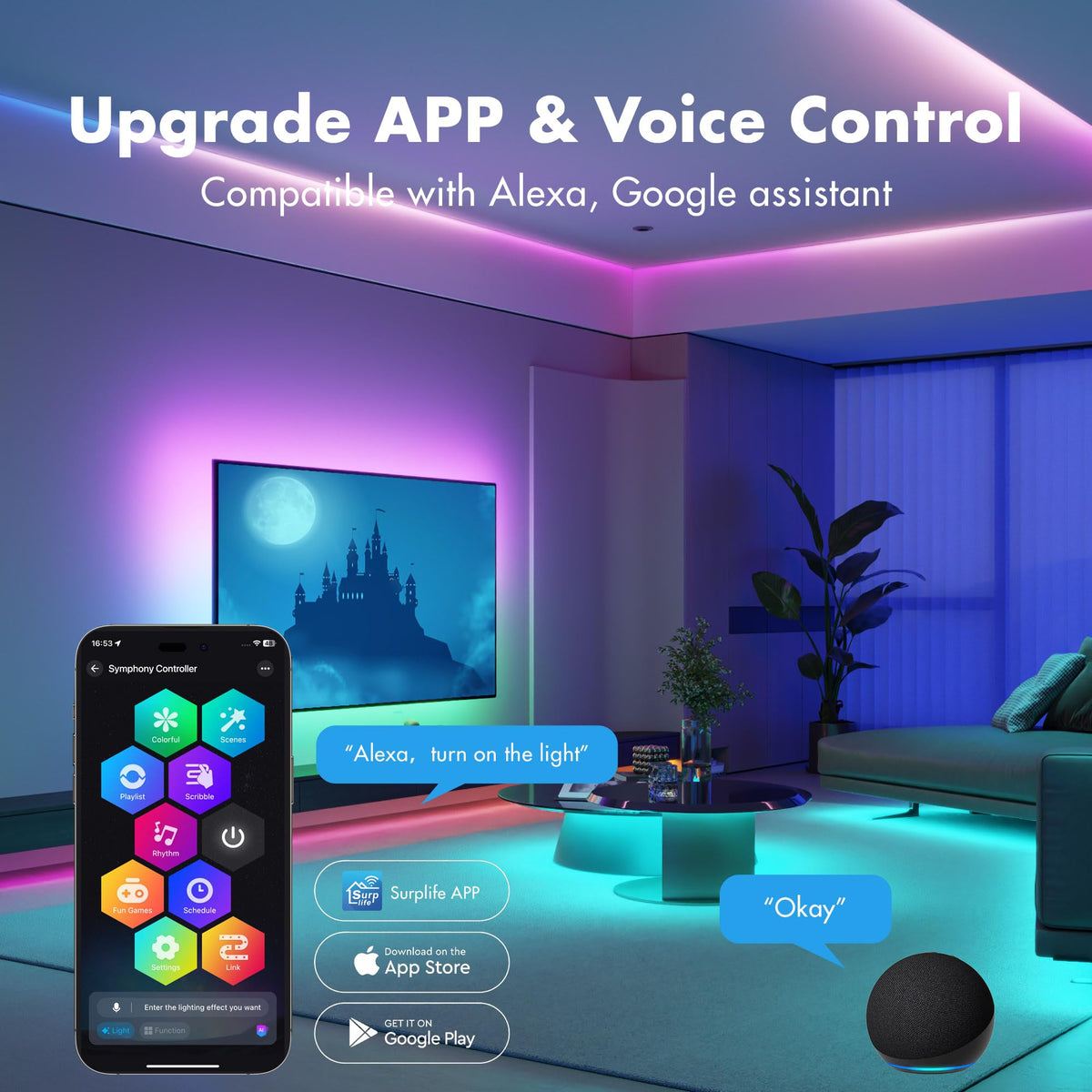 TFZBA LED strip lights music-sync react to rhythms for immersive vibes.