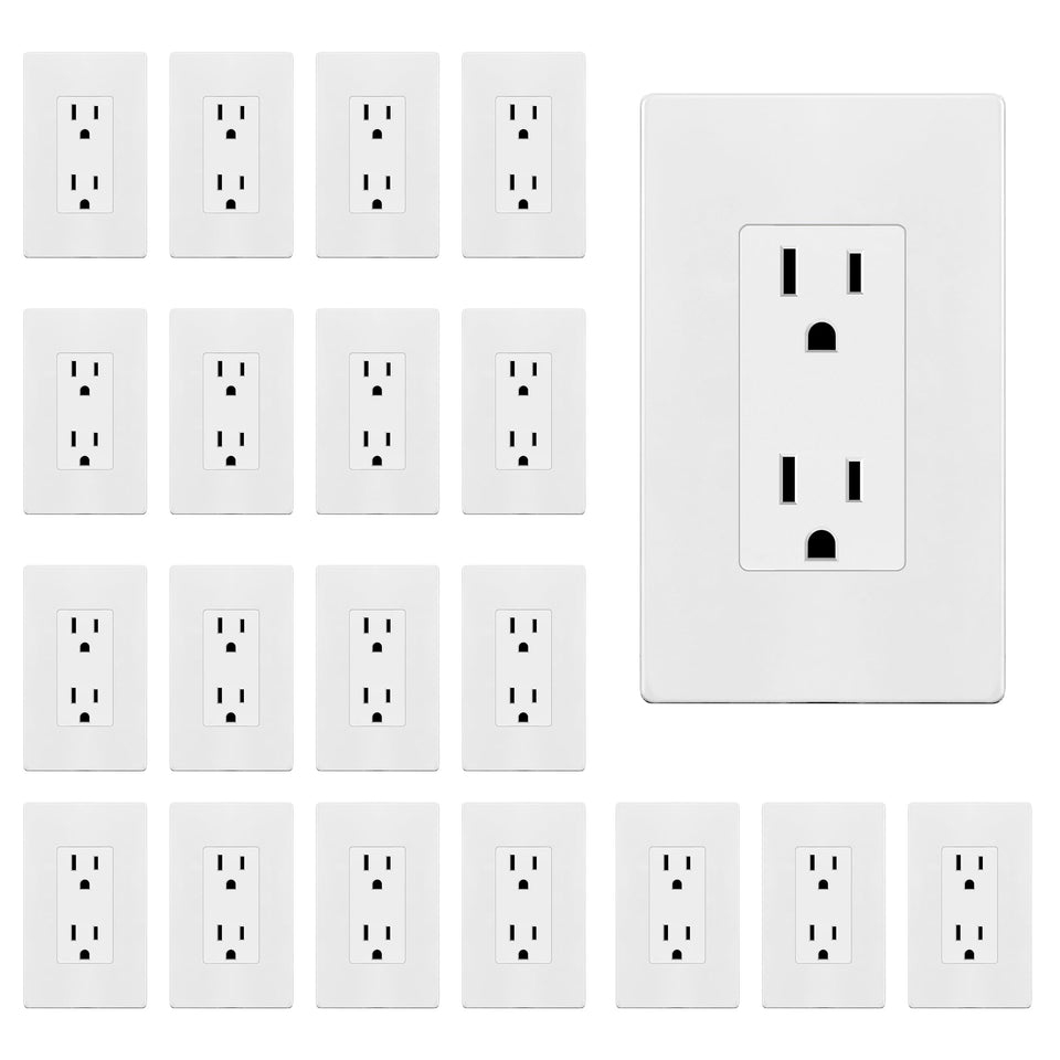 TG matte white decorator receptacle with screwless wall plate for a clean, modern look.