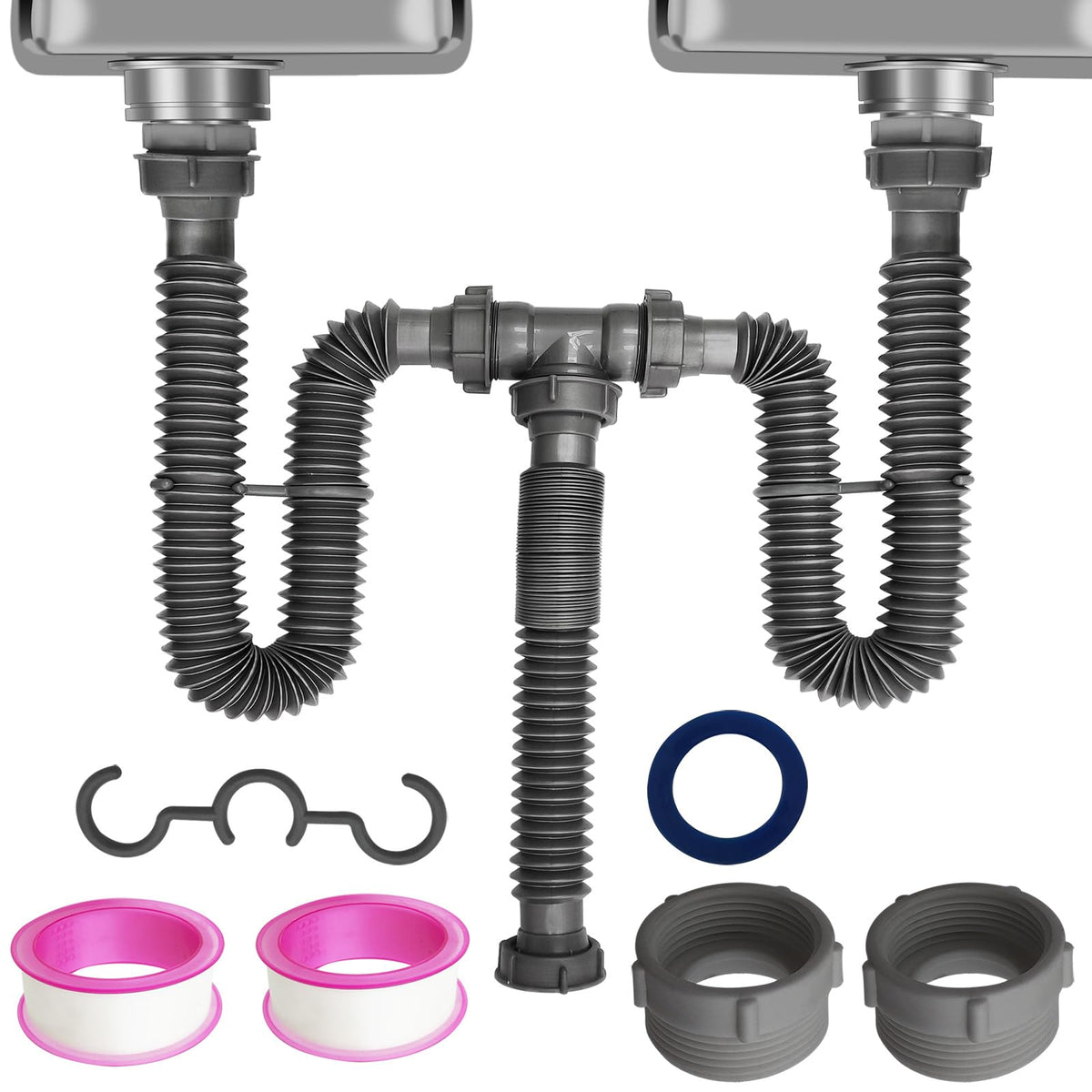 TGEOND flexible double P-trap with extendable tubes for versatile sink configurations.