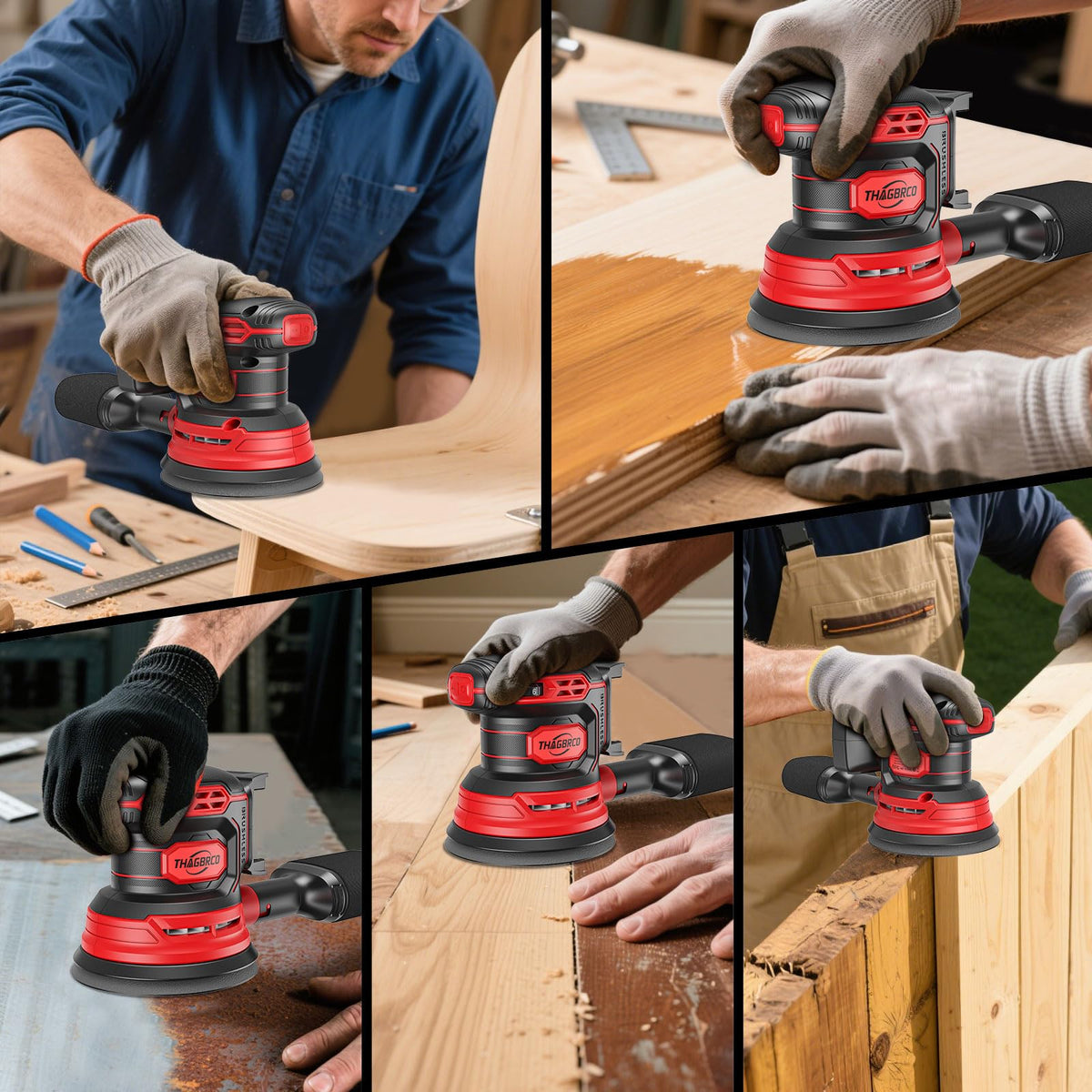 In-use scene of ThagBrco sander smoothing furniture for a refined finish