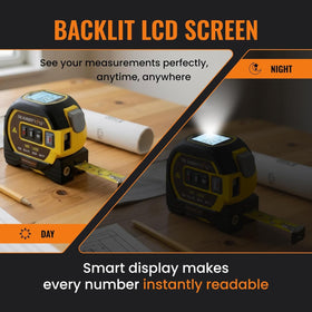 The Almighty Ruler laser tape measure digital display offers clear readings in ft and metric