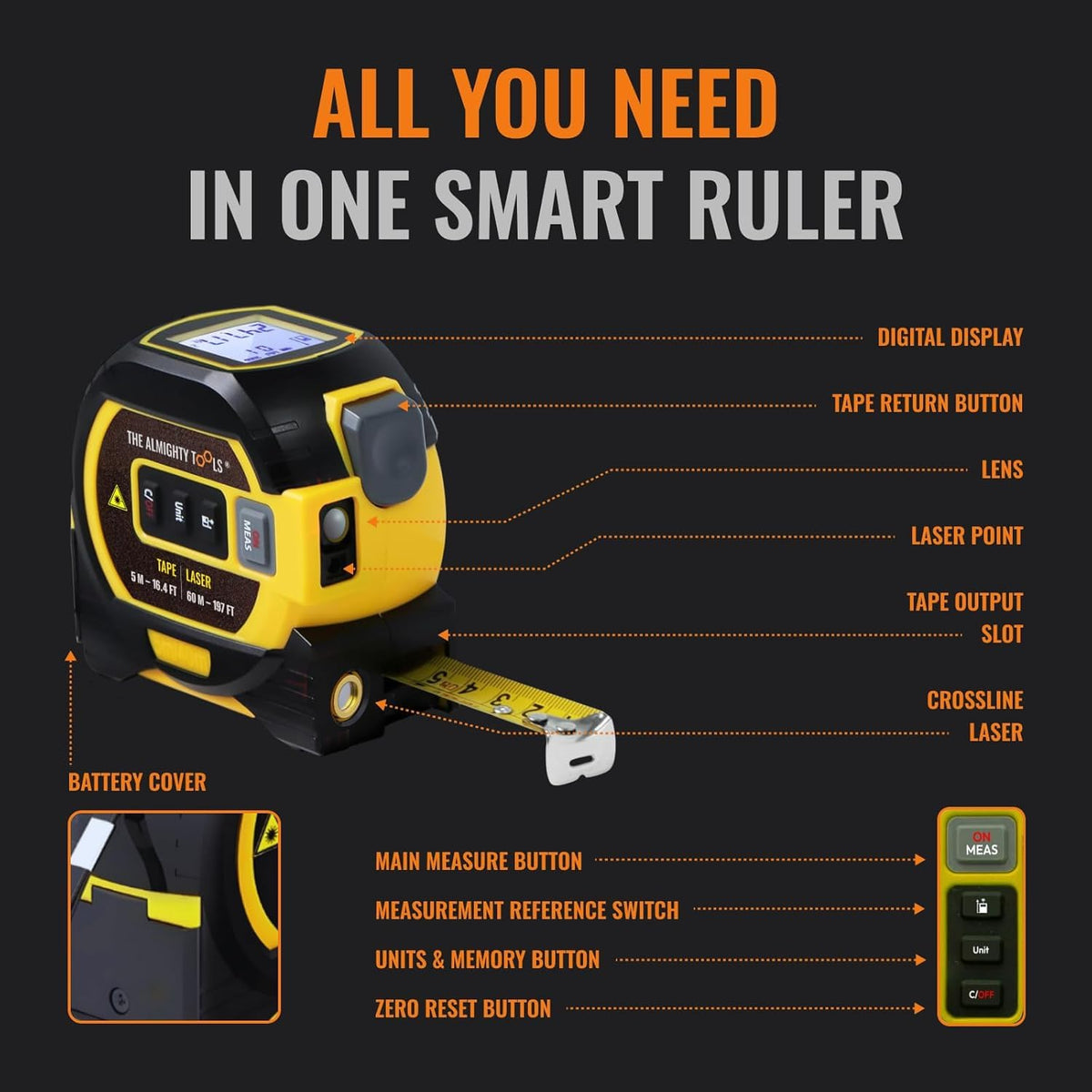 The Almighty Ruler laser tape measure durable housing protects electronics on-site