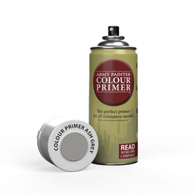 The Army Painter Ash Grey Primer can front view for flawless basecoats.