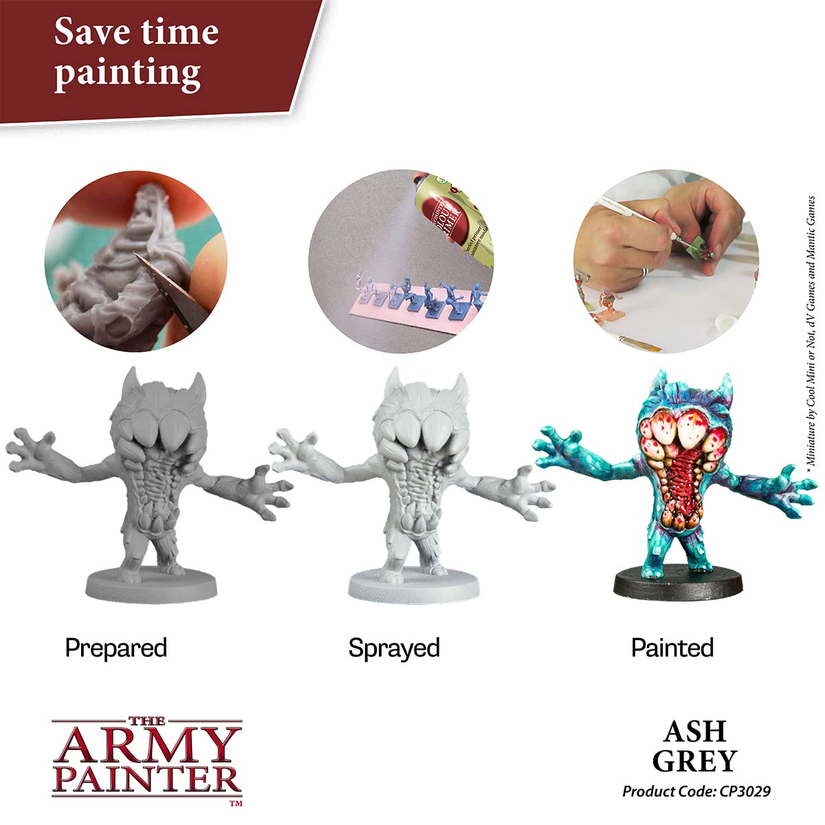The Army Painter Ash Grey Primer nozzle close-up aiding smooth spraying.
