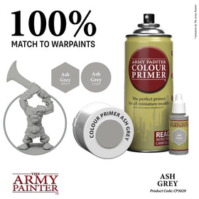 The Army Painter Ash Grey Primer packaging displays quick-dry acrylic formula.