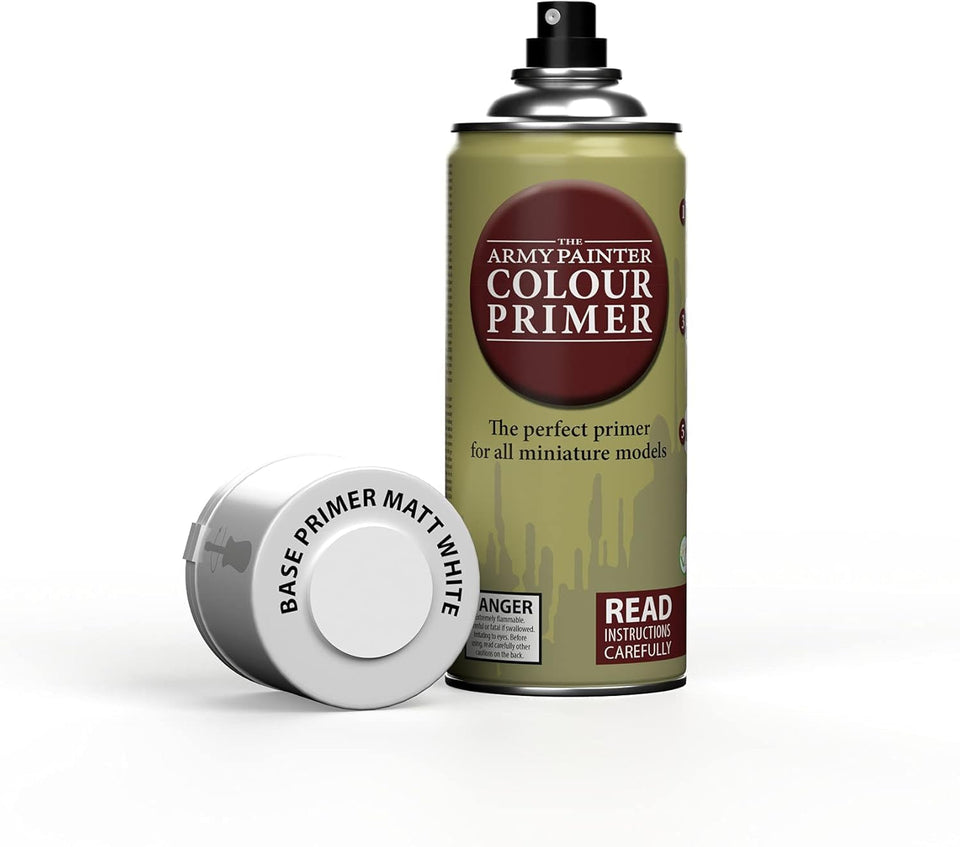 The Army Painter Colour Primer Matt White 400ml bottle close-up for an even base.