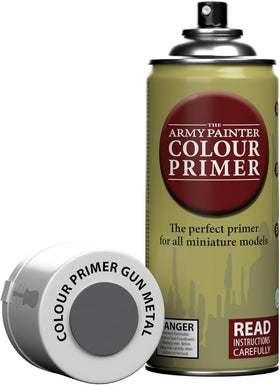 The Army Painter colour primer gun metal can ready for precise tabletop priming.
