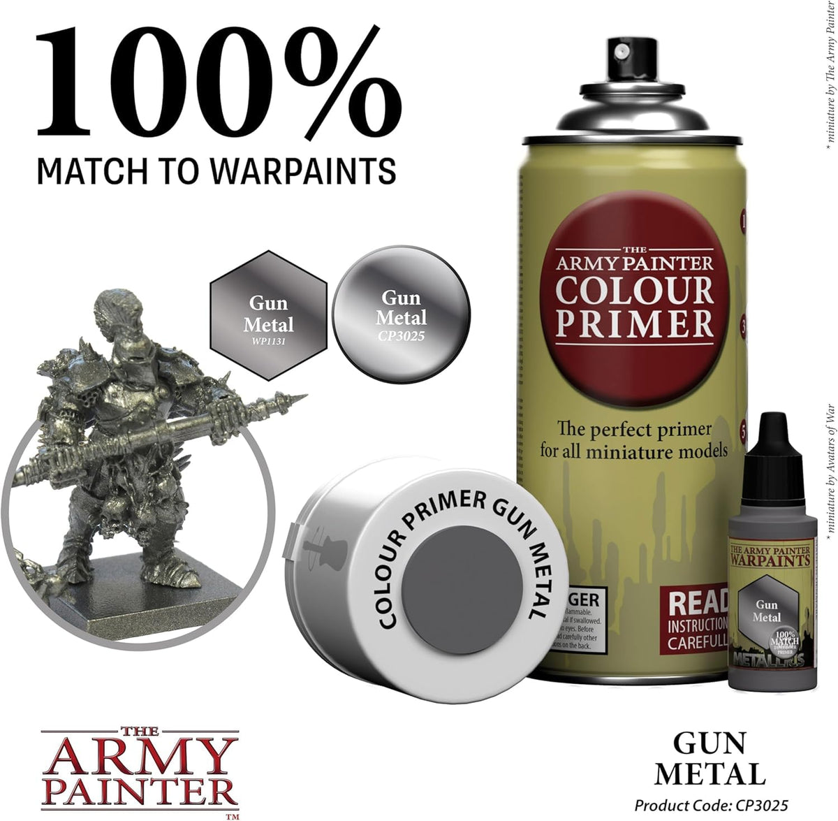 The Army Painter gun metal spray in action, saving time with one-step primer and colour.
