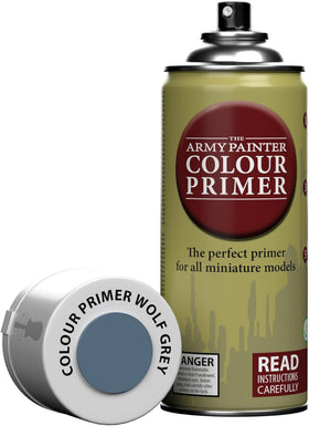 The Army Painter Wolf Grey primer spray can for quick basecoat coverage.