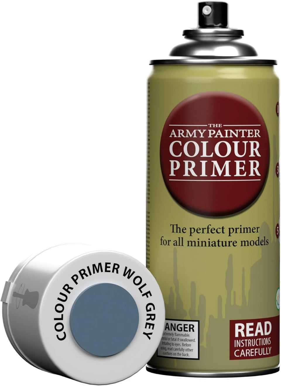 The Army Painter Wolf Grey primer spray can for quick basecoat coverage.