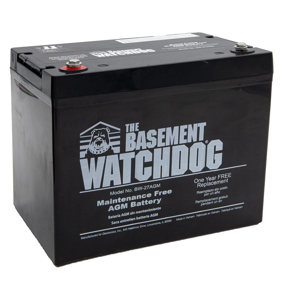 The Basement Watchdog BW-27AGM battery backup powers sump pumps during outages.