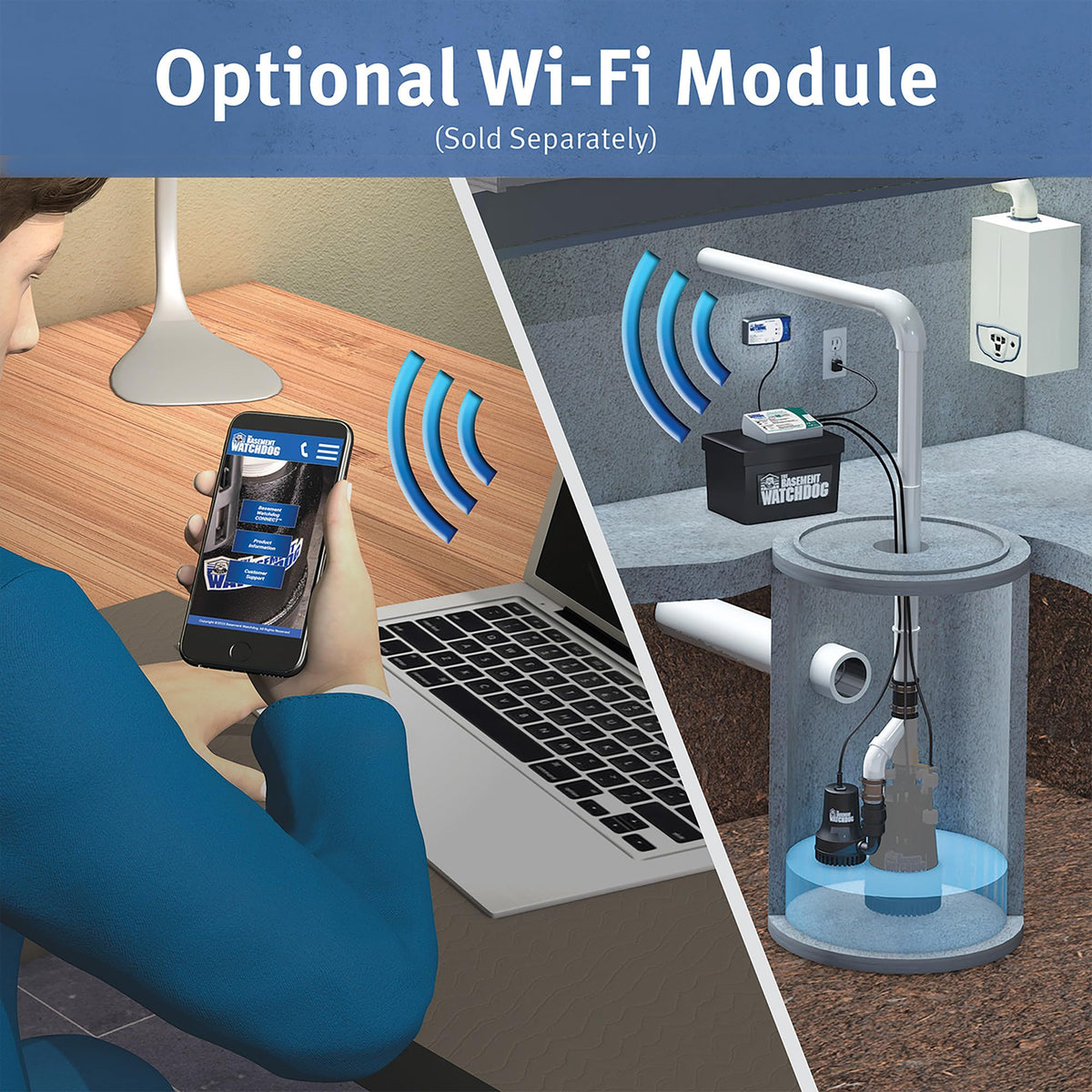 The Basement Watchdog Special Connect battery-fluid sensor helps prevent surprises.