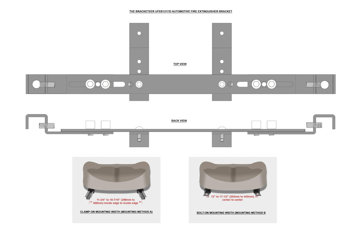 Not included: extinguisher; check cradle spacing and fitment as needed.