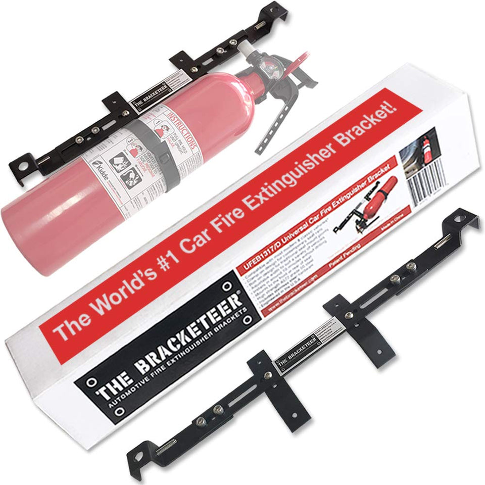 The Bracketeer car fire extinguisher bracket clamps to seat rails for quick reach.