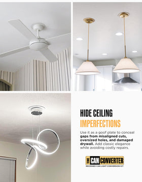 The Can Converter goof ring white conceals rough edges around fixtures with a crisp finish.