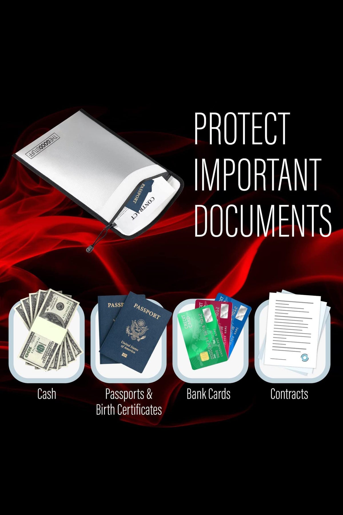 The Good Stuff fireproof bag withstands up to 2000°F heat for protection