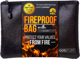 The Good Stuff fireproof money bag front view, compact 10x13 inches for protection.