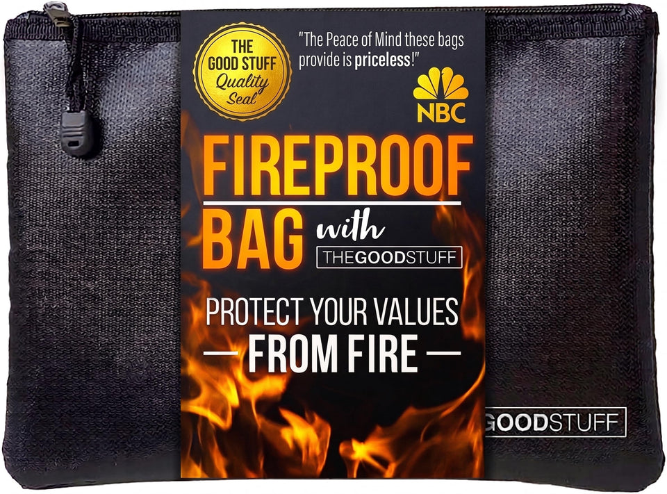 The Good Stuff fireproof money bag front view, compact 10x13 inches for protection.