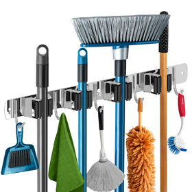 The Good Stuff heavy-duty mop and broom holder wall mount shows rust-resistant stainless steel design for garage organization