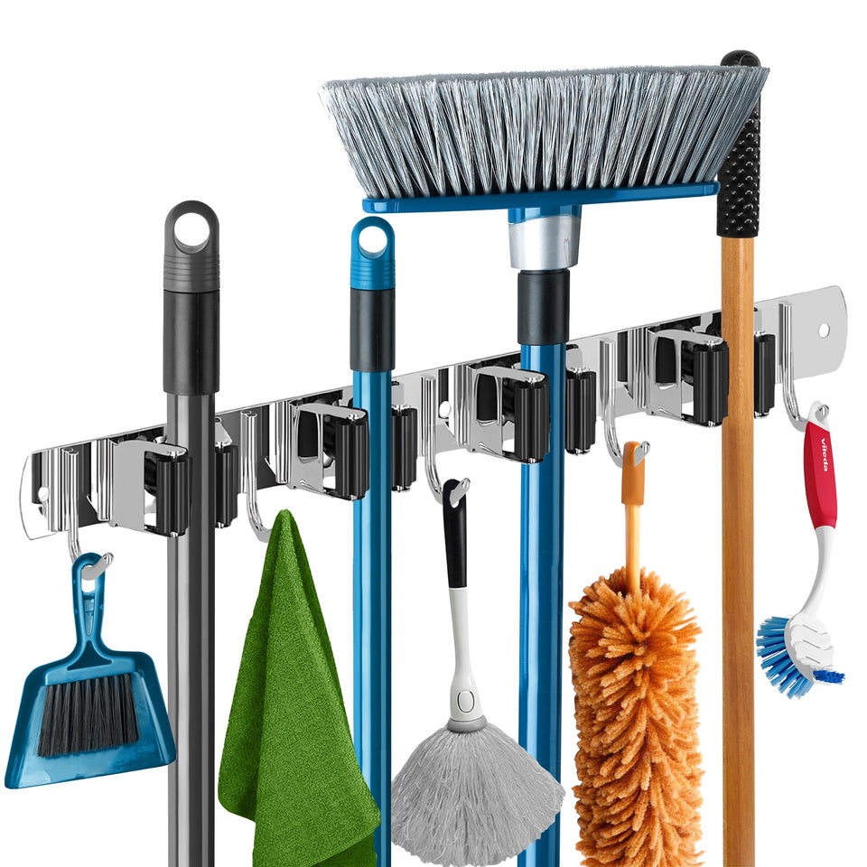 The Good Stuff heavy-duty mop and broom holder wall mount shows rust-resistant stainless steel design for garage organization
