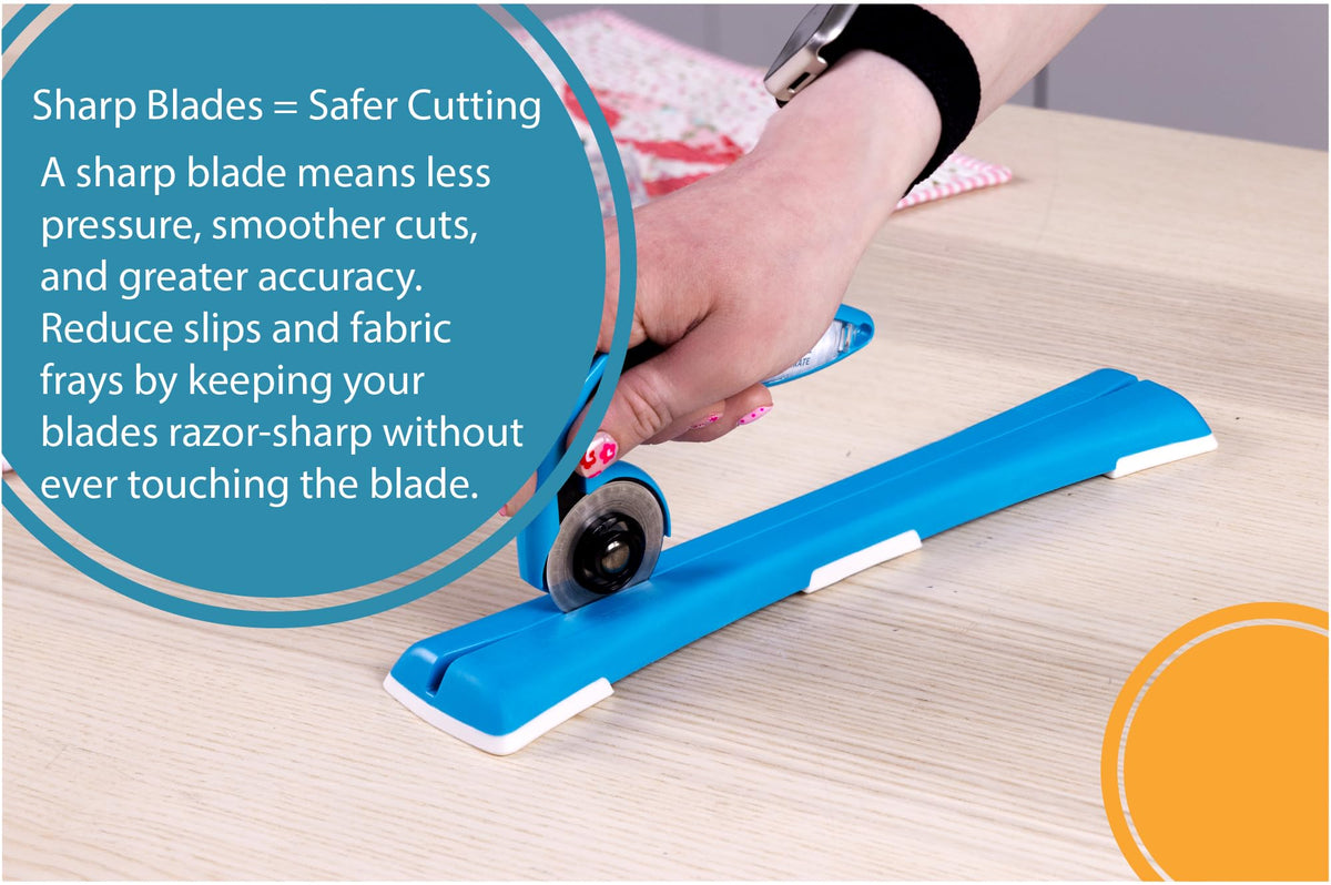 The motion mirrors cutting actions for comfortable, intuitive sharpening.