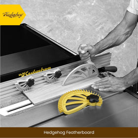 The Hedgehog featherboard in a one-handed setup shows effortless adjustment with one knob.